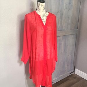 BAR III Women's Long Red Button-Up Top